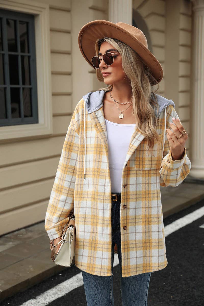 CWOCO0491_HOODED BUTTON-DOWN PLAID LONG-SLEEVED COAT