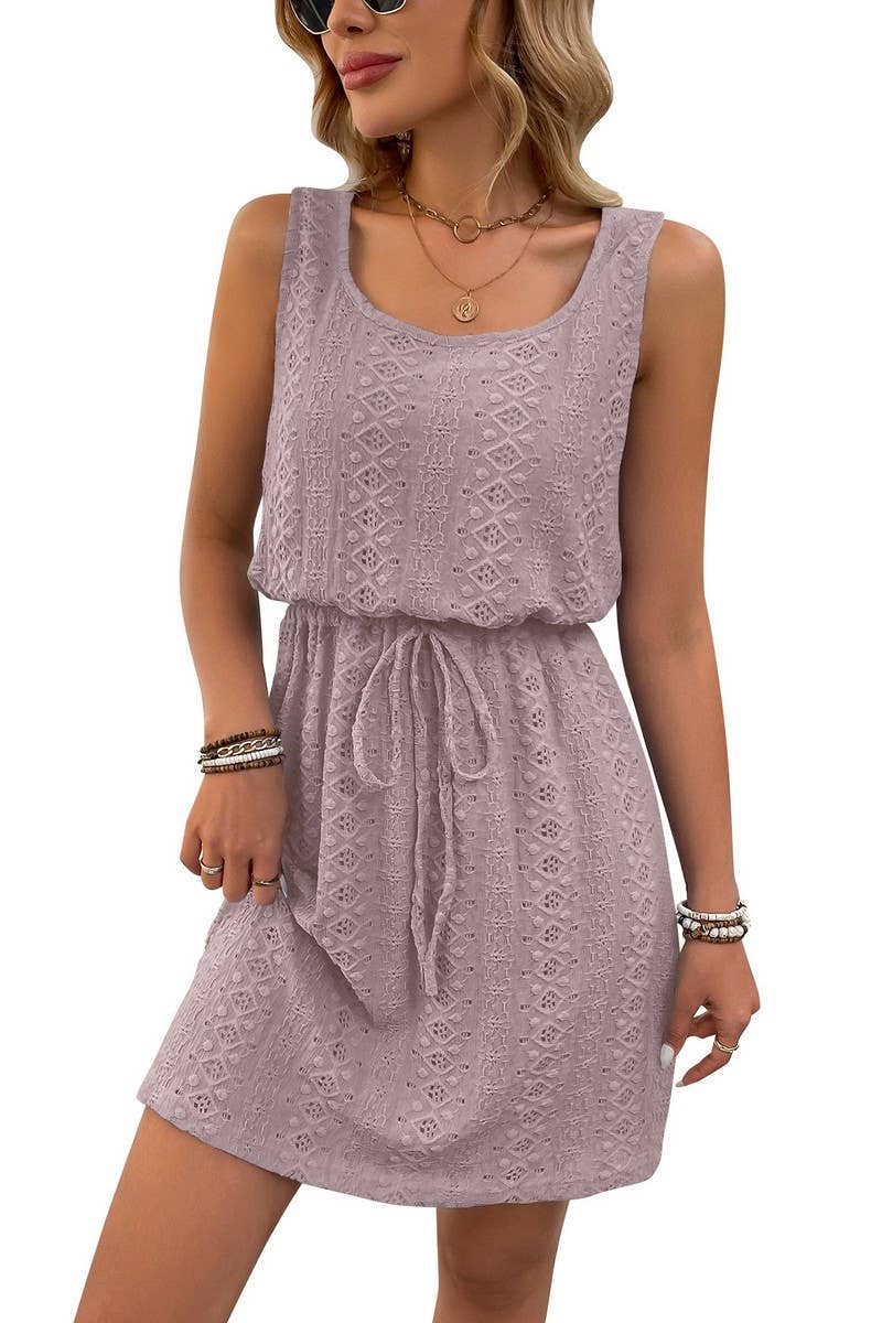 CWDMD4645_SQUARE NECK DRAWSTRING SLEEVELESS DRESS