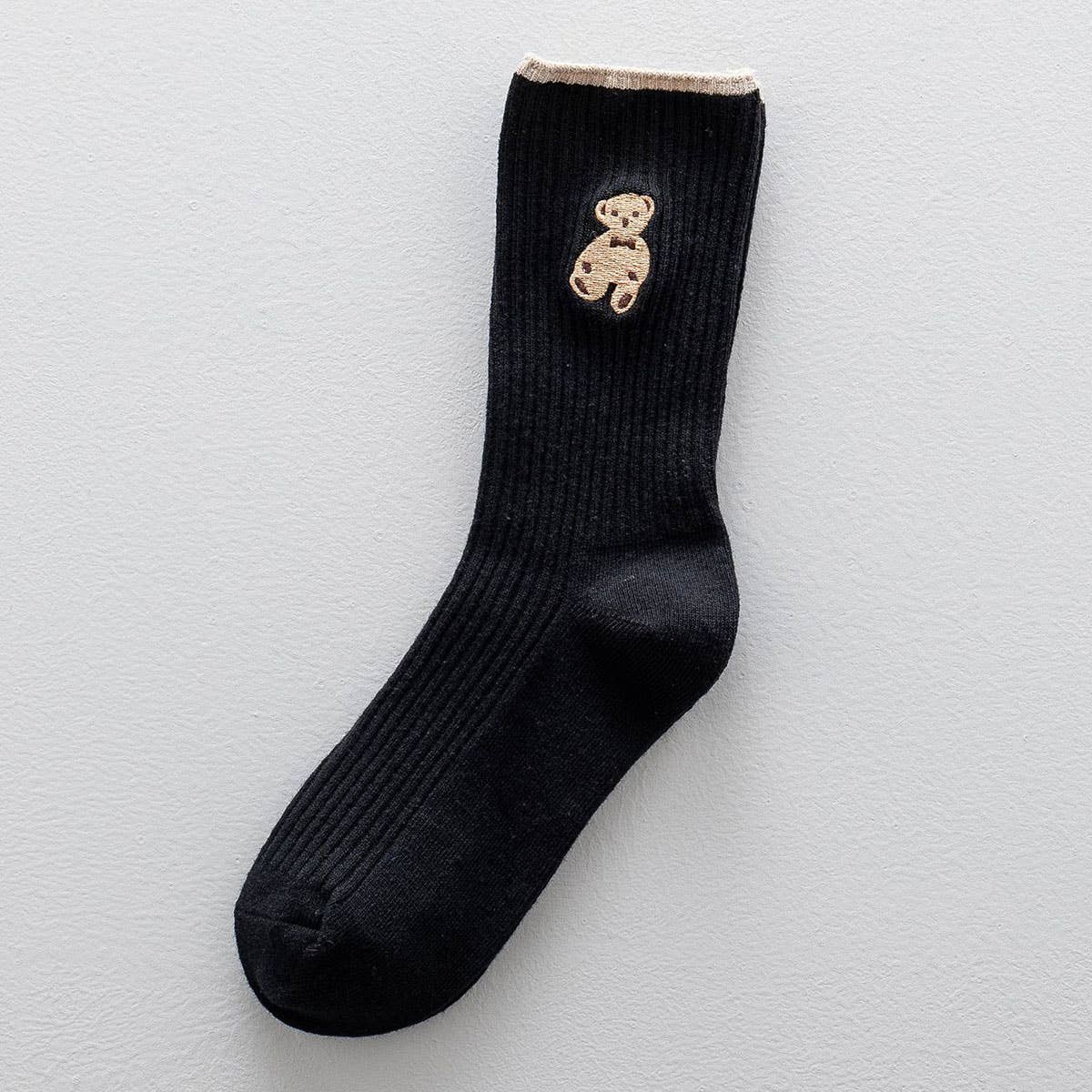 Brown Bear Embroidery Cotton Crew socks_CWMS1352