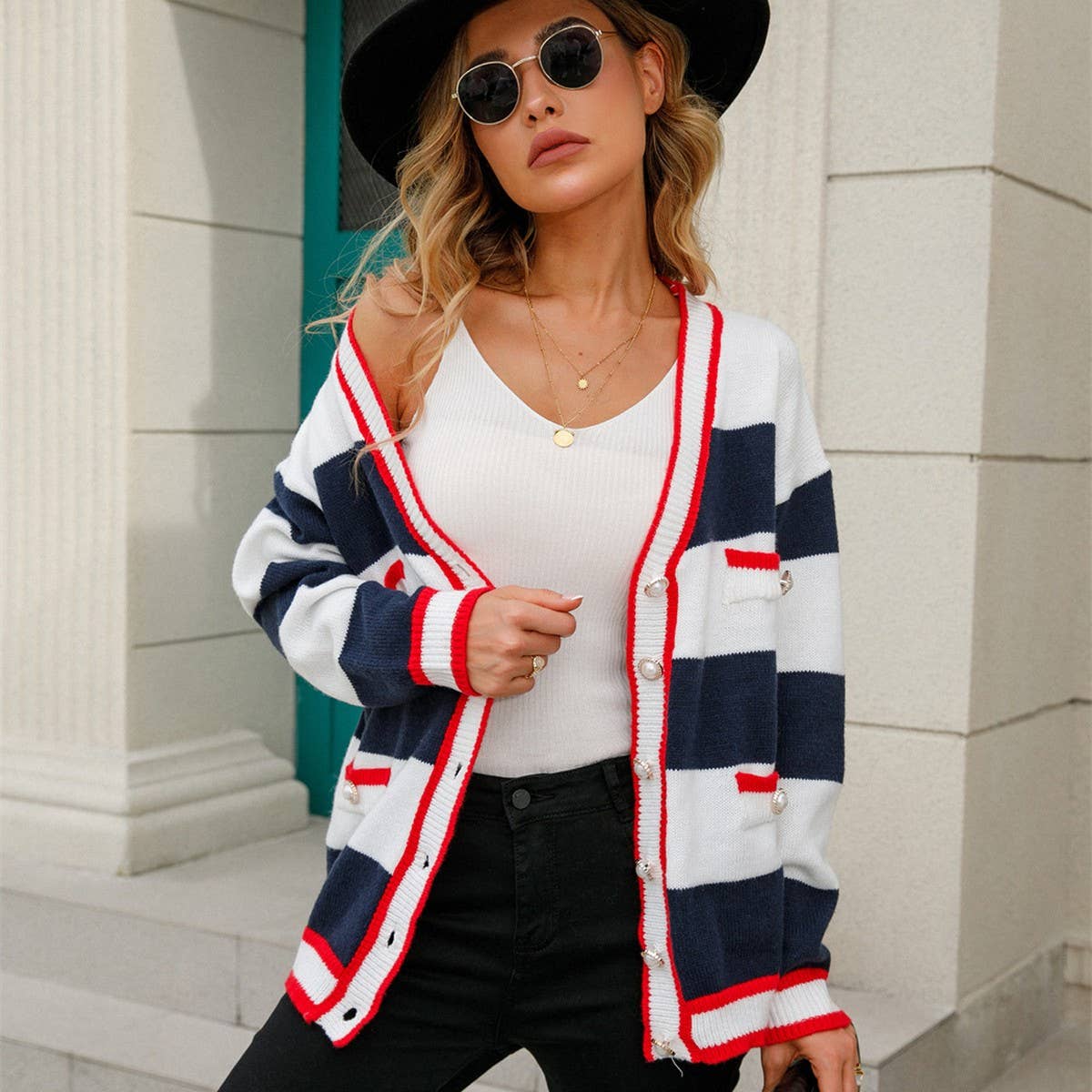 V-neck patchwork loose knit cardigan