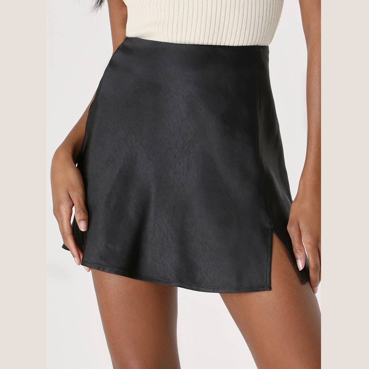 SOLID COLOR SATIN SLIT SKIRT SEXY A-LINE MINISKIRT_CWBSS0375