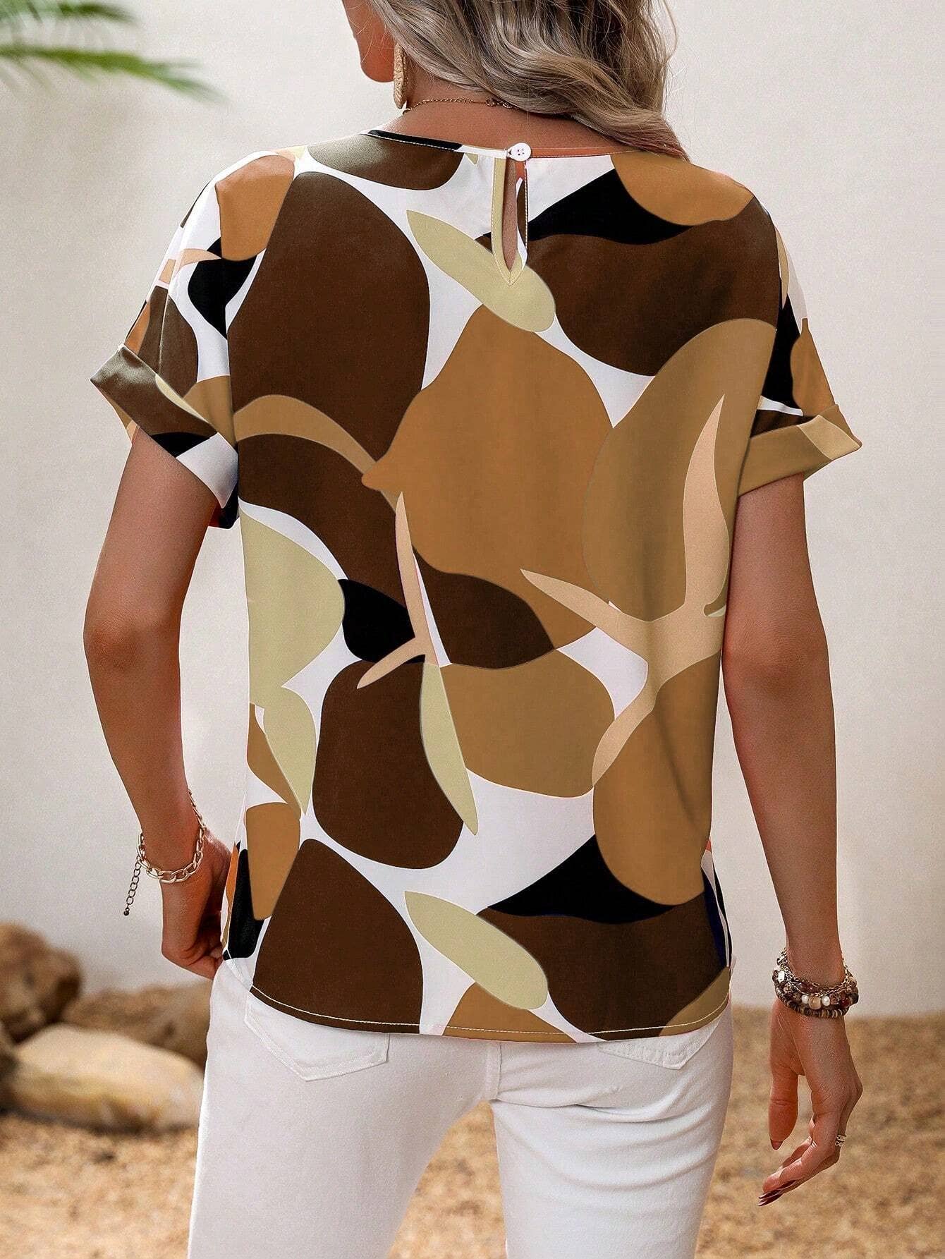 Fashion printed multi-color U-neck blouse