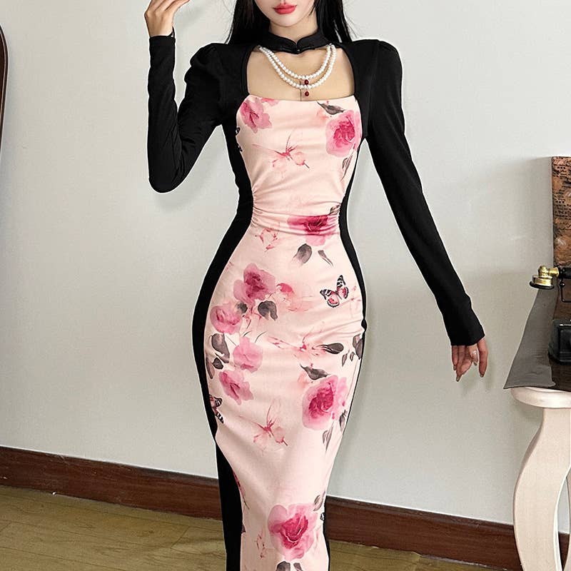 VINTAGE SPICE PRINT PRINT SLIM HIGH-WAISTED DRESS