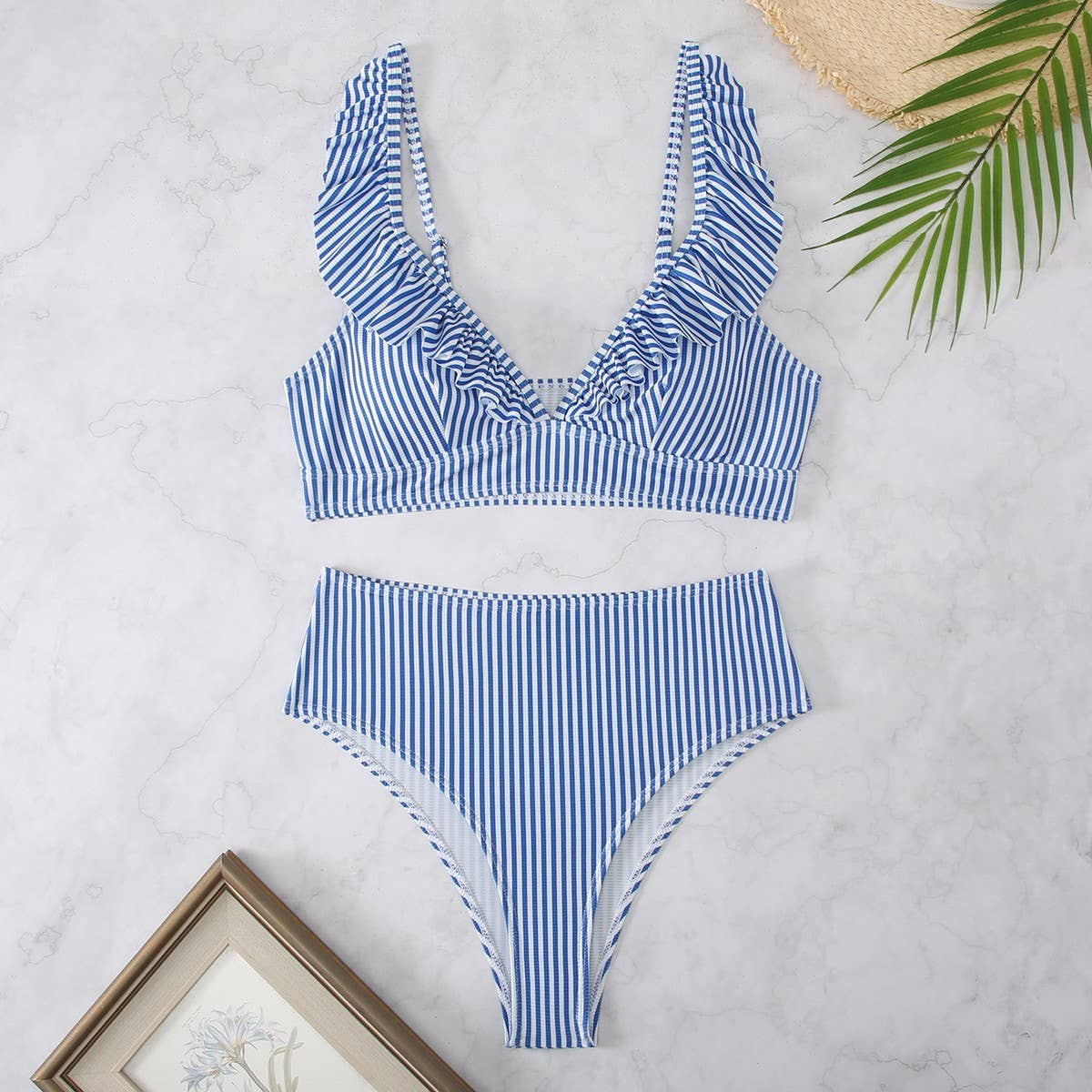 High-Waisted V-Neck Ruffled Bikini Swimsuit