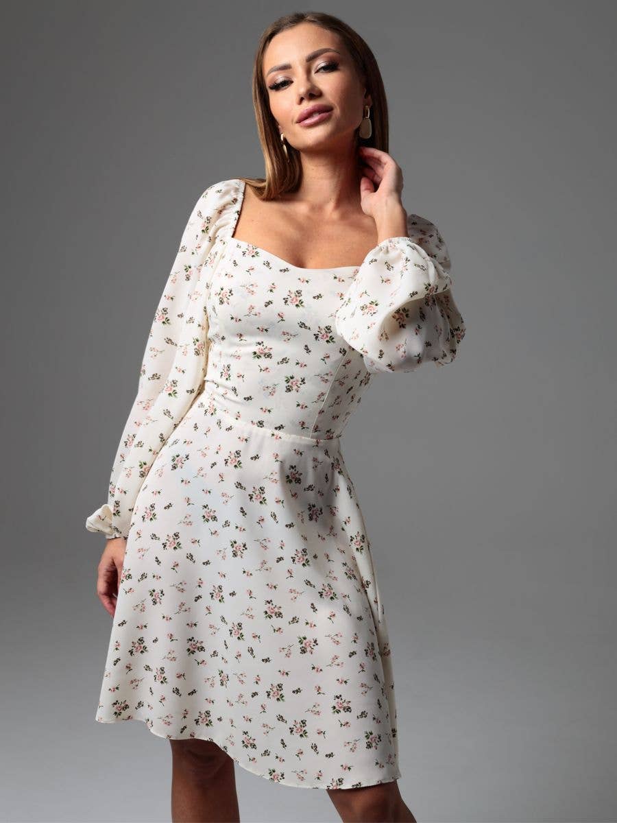 Puffed sleeve floral print lace-up dress