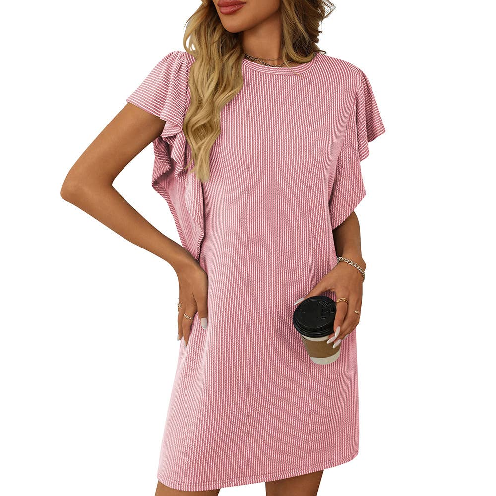 Twist striped mid-length dress with lotus sleeves