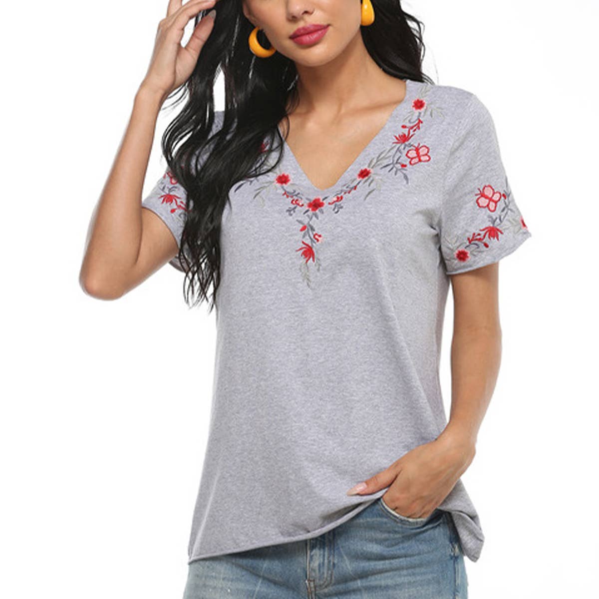 V-NECK FLORAL EMBROIDERED BLOUSE