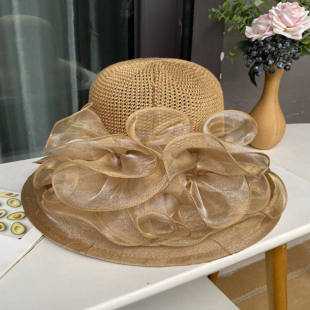 WOMEN ORGANZA FLOWER SUNSCREEN HAT_CWAH1208