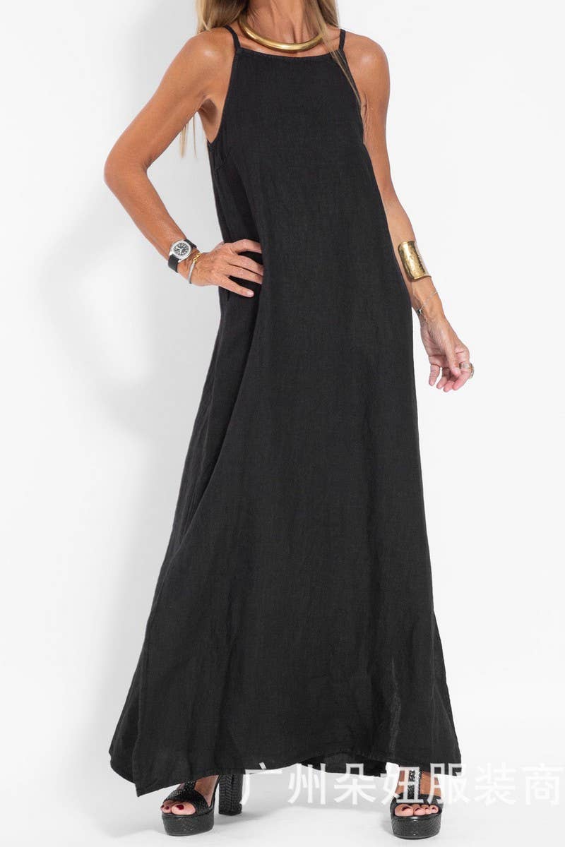 CWDMD01027_CASUAL COTTON AND LINEN SLIT SUSPENDER DRESS
