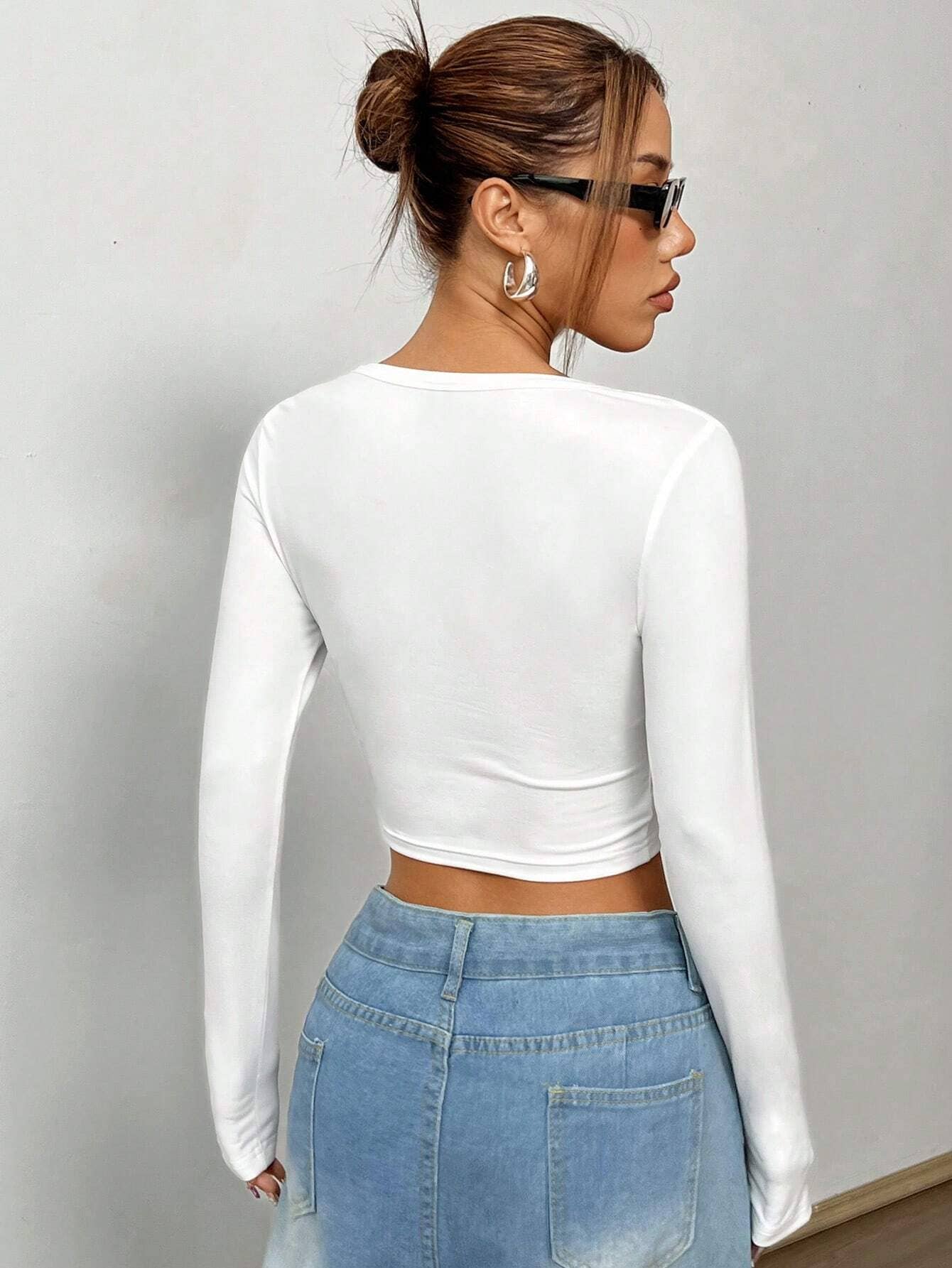 V-NECK T-SHIRT DESIGN SENSE CROP LONG SLEEVE TOP