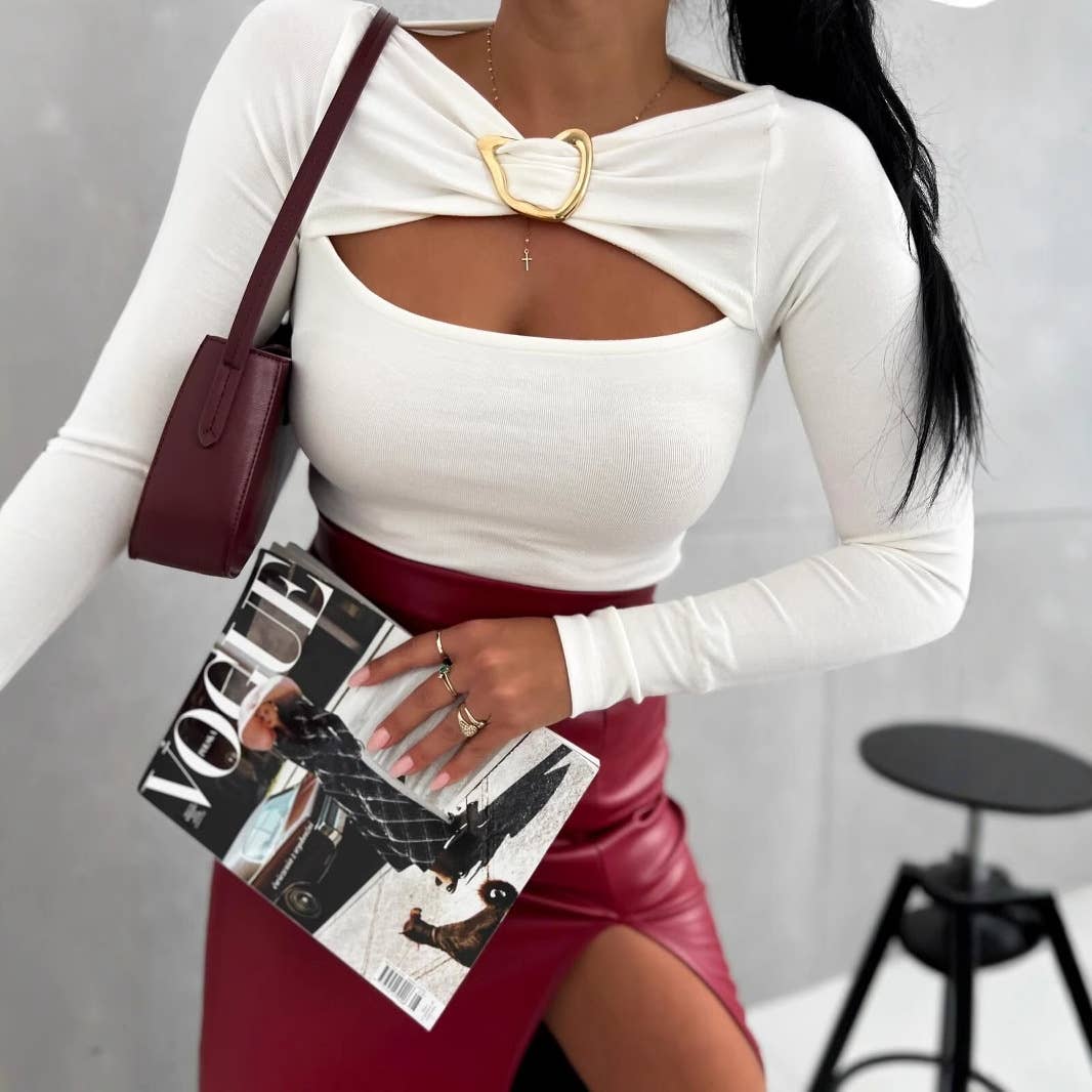 LONG SLEEVE HOLLOW SOLID COLOR SLIM-FIT T-SHIRT