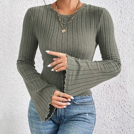 FLARED LONG-SLEEVED CREW NECK PULLOVER T-SHIRT