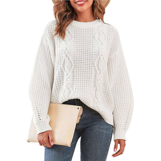SOLID COLOR CREW NECK TWIST PULLOVER SWEATER