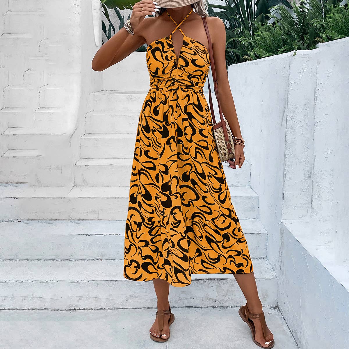 Sleeveless cross-halter high-waisted long dress