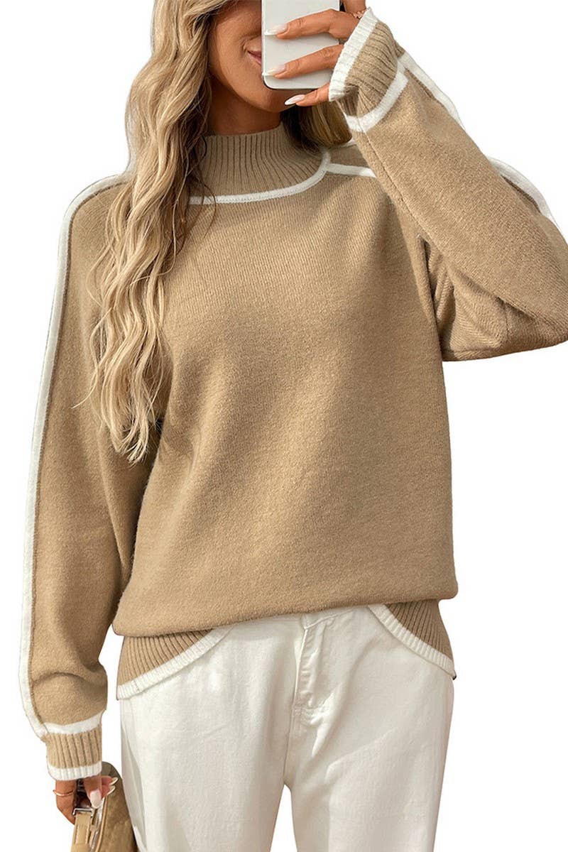 CWOSWL07155_COLORBLOCK MOCK NECK LOOSE PULLOVER SWEATER
