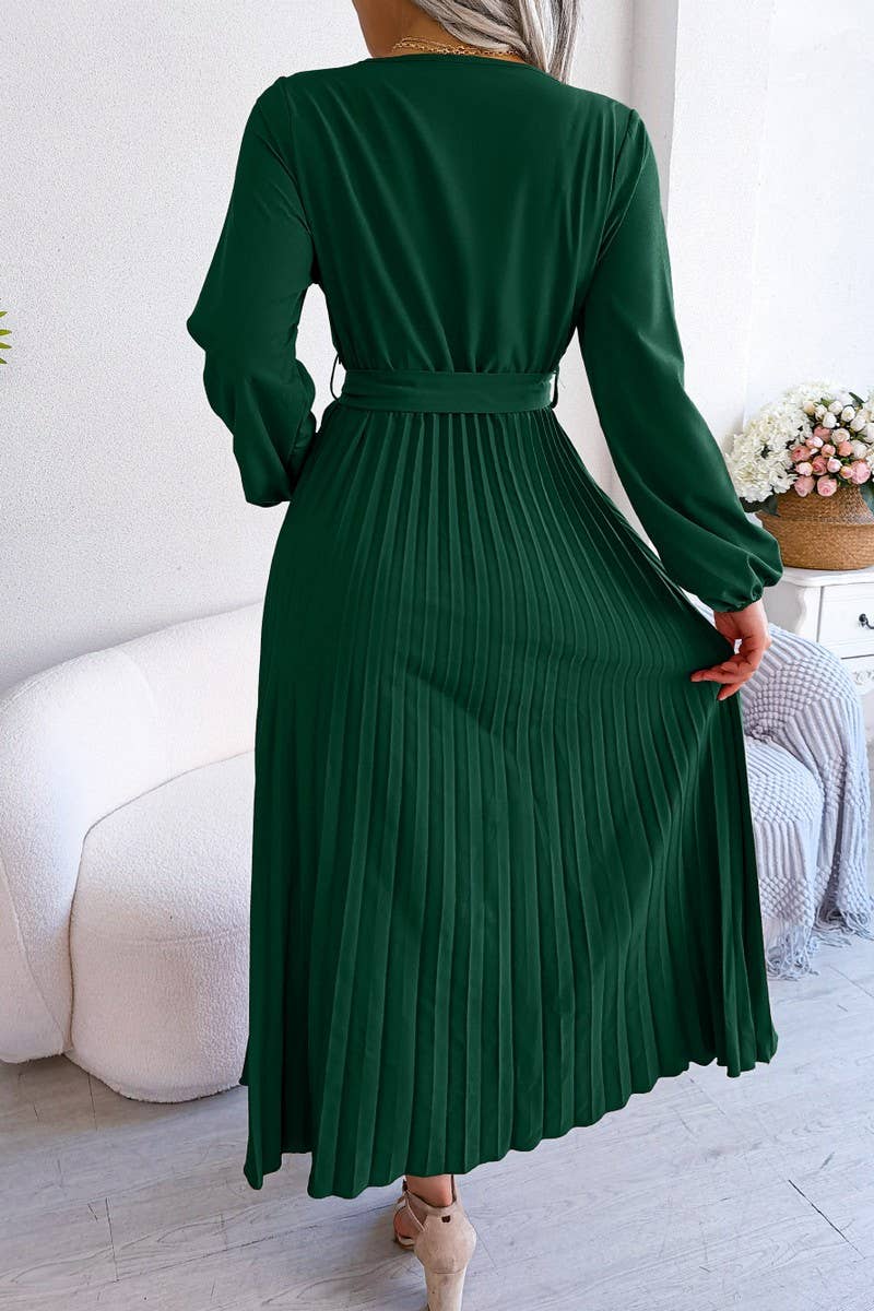 SOLID V NECK PLEATED LONG SKIRT_CWDMD0762