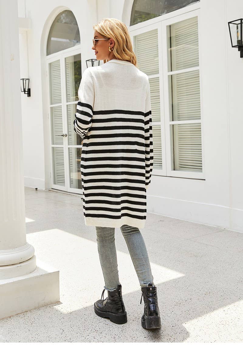 CWOCAL0770_CASUAL LOOSE STRIPED KNITTED CARDIGAN SWEATER