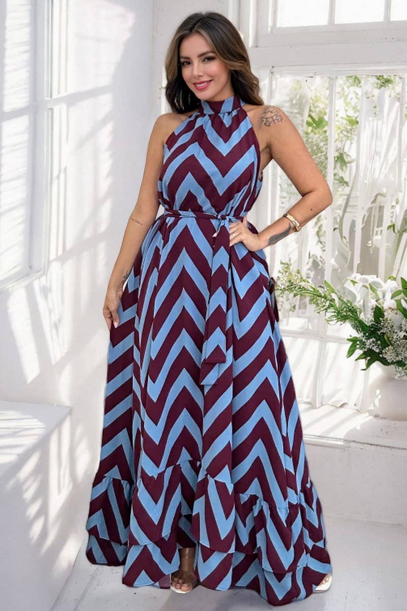 CWDMD6202_SLEEVELESS HIGH NECK WAVE PRINT TIE DRESS