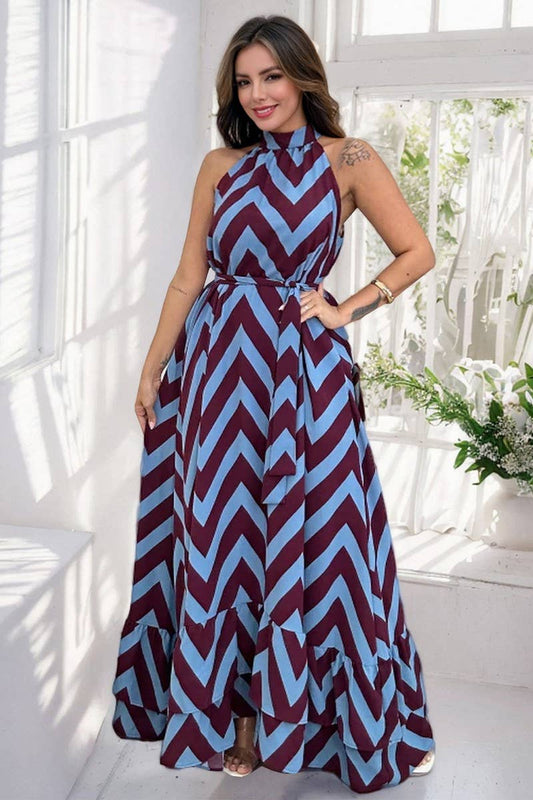 CWDMD6202_SLEEVELESS HIGH NECK WAVE PRINT TIE DRESS