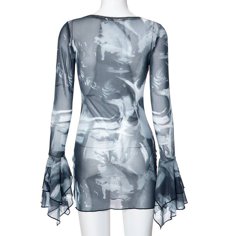 PRINTED CREW NECK DRESS WITH FLARED SLEEVES