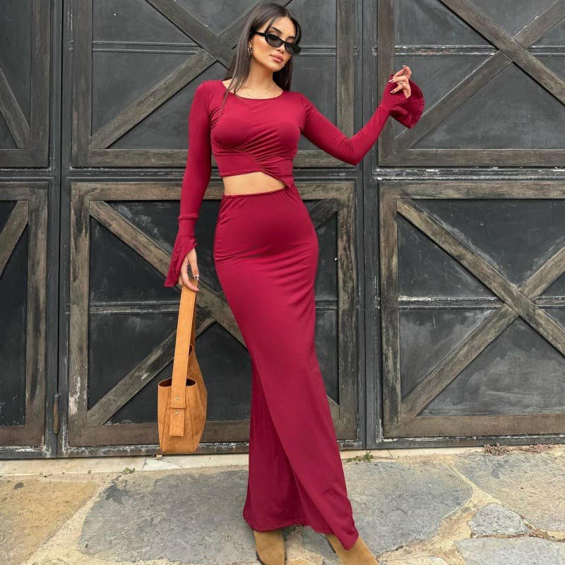 SOLID COLOR LONG SLEEVE SEXY LONG SKIRT DRESS