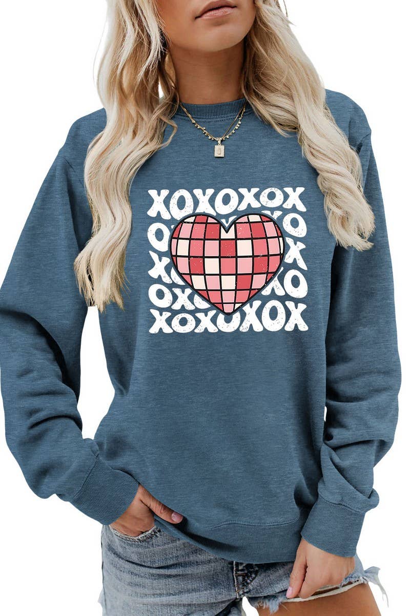 VALENTINE DAY XO PLAID HEART PRINT SWEATSHIRT_CWTSTL0981