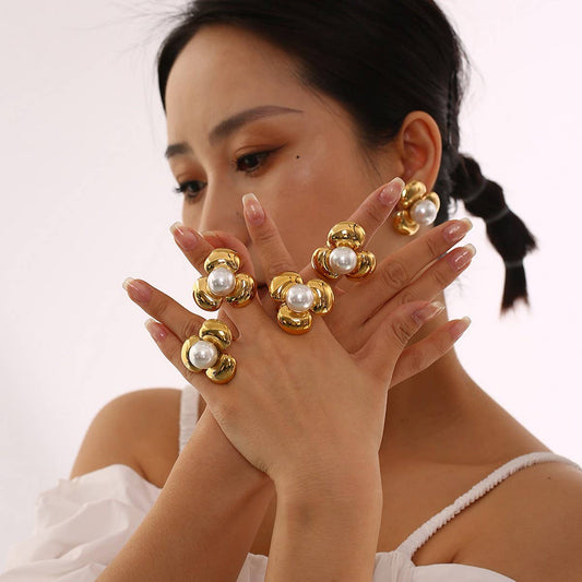 Minimalist 18K Steel Flower Earrings & Ring Set