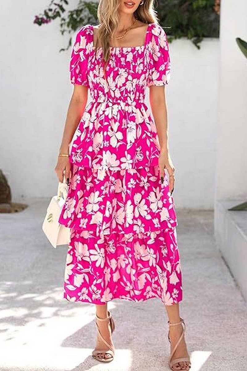 CWDMD01026_SQUARE NECK SHORT SLEEVE FLORAL CHIFFON DRESS