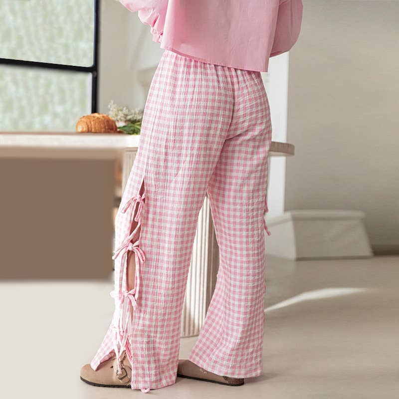 Stretched-waist checkered printed tie long pants