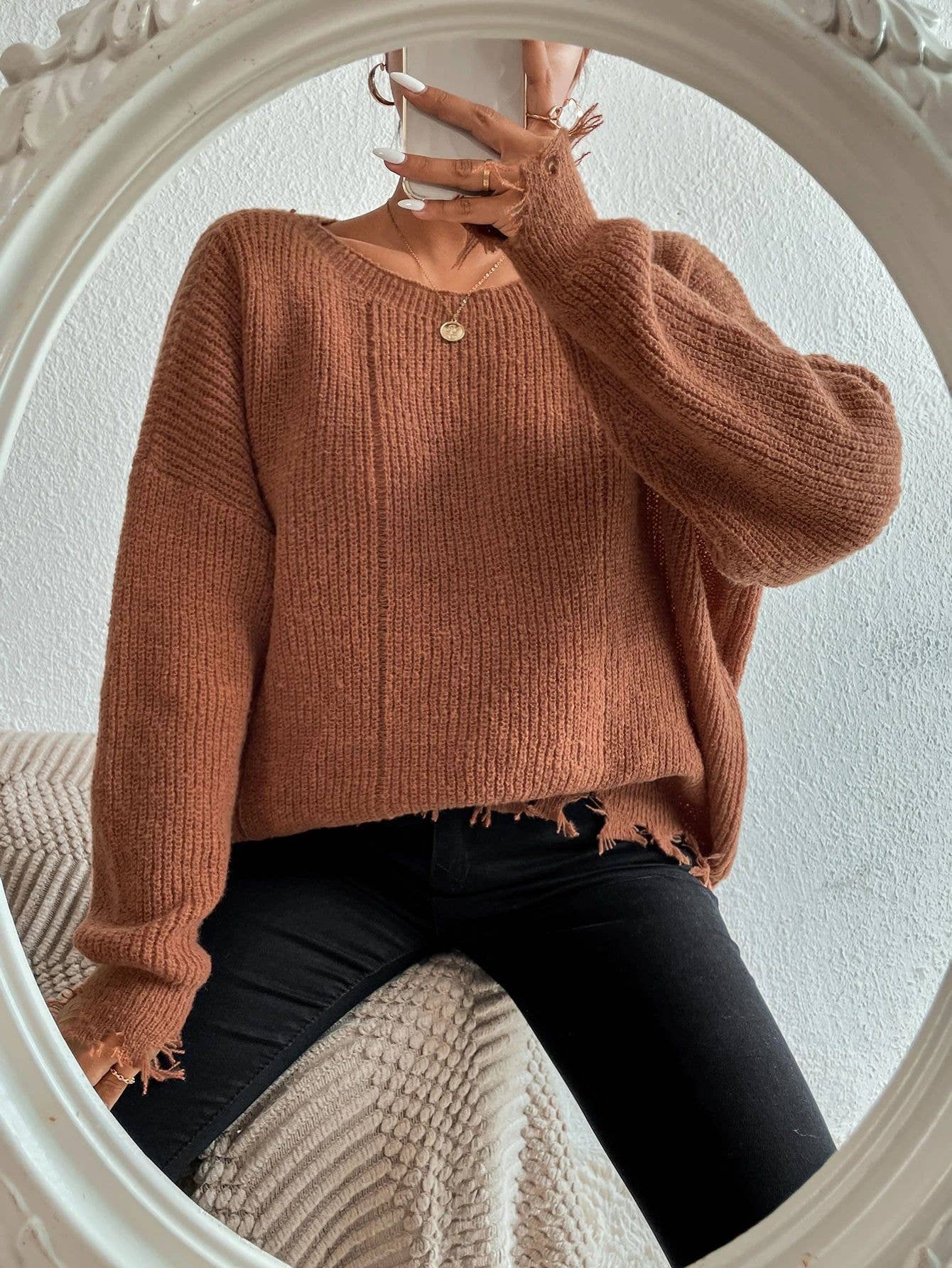 Solid color round neck hole loose sweater