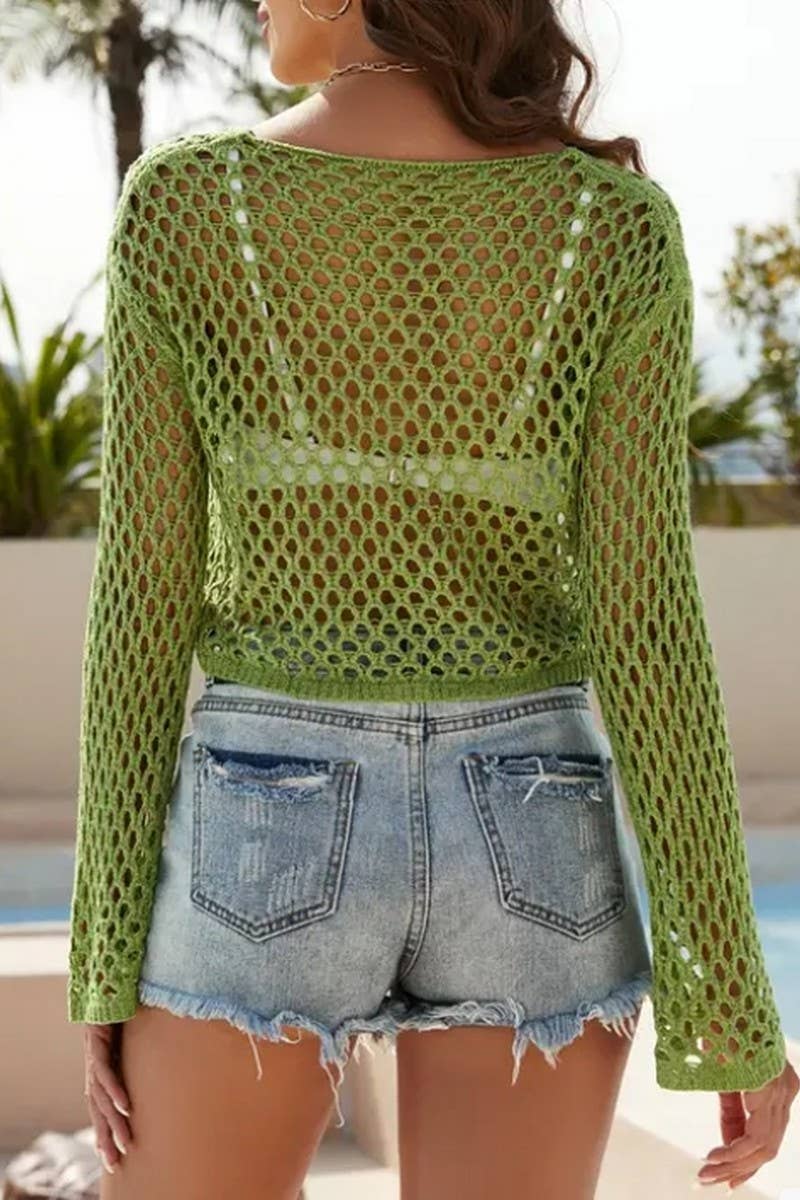 CWTSTSL0109_SPRING AND SUMMER CREW NECK HOLLOW KNIT CARDIGAN