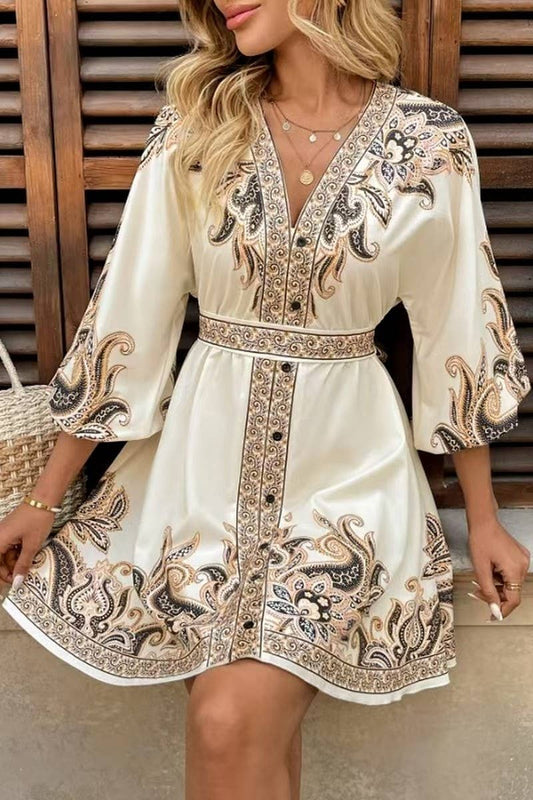 CWDSD10515_HOLIDAY STYLE V-NECK LANTERN SLEEVE PRINTED DRESS