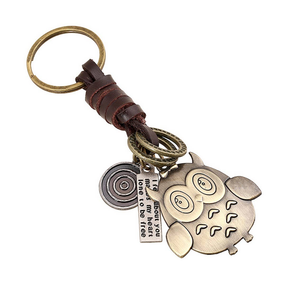 VINTAGE BRONZE OWL BRAIDED COWHIDE KEYCHAIN