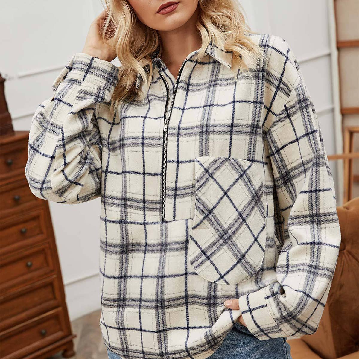 STYLISH RUFFLED CHECKED LAPEL ZIP-UP HOODIE