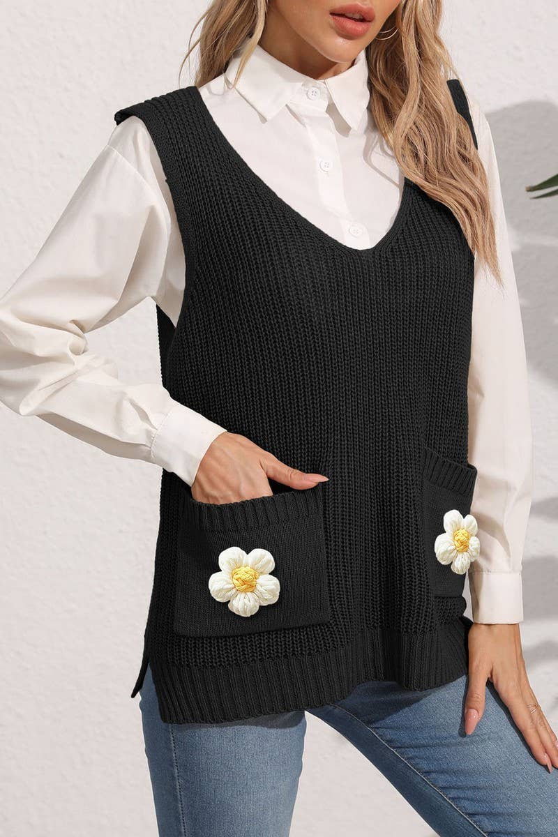 CWOJA00766_WOMEN V-NECK CROCHET PATCHWORK KNIT VEST