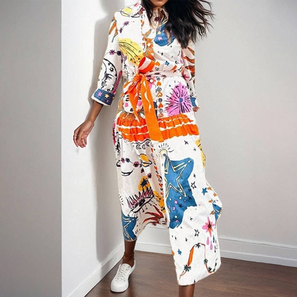 WHIMSICAL PAINTED PATTERN SIDE SLIT PRINTED DRESS