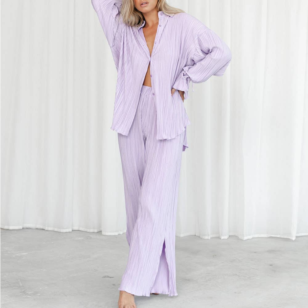 Pleated long-sleeved shirt, slit trousers set