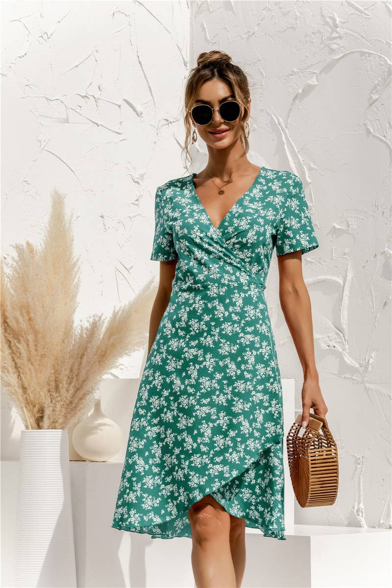 SEXY V NECK LACE UP FLORAL DRESS_CWDSD2629