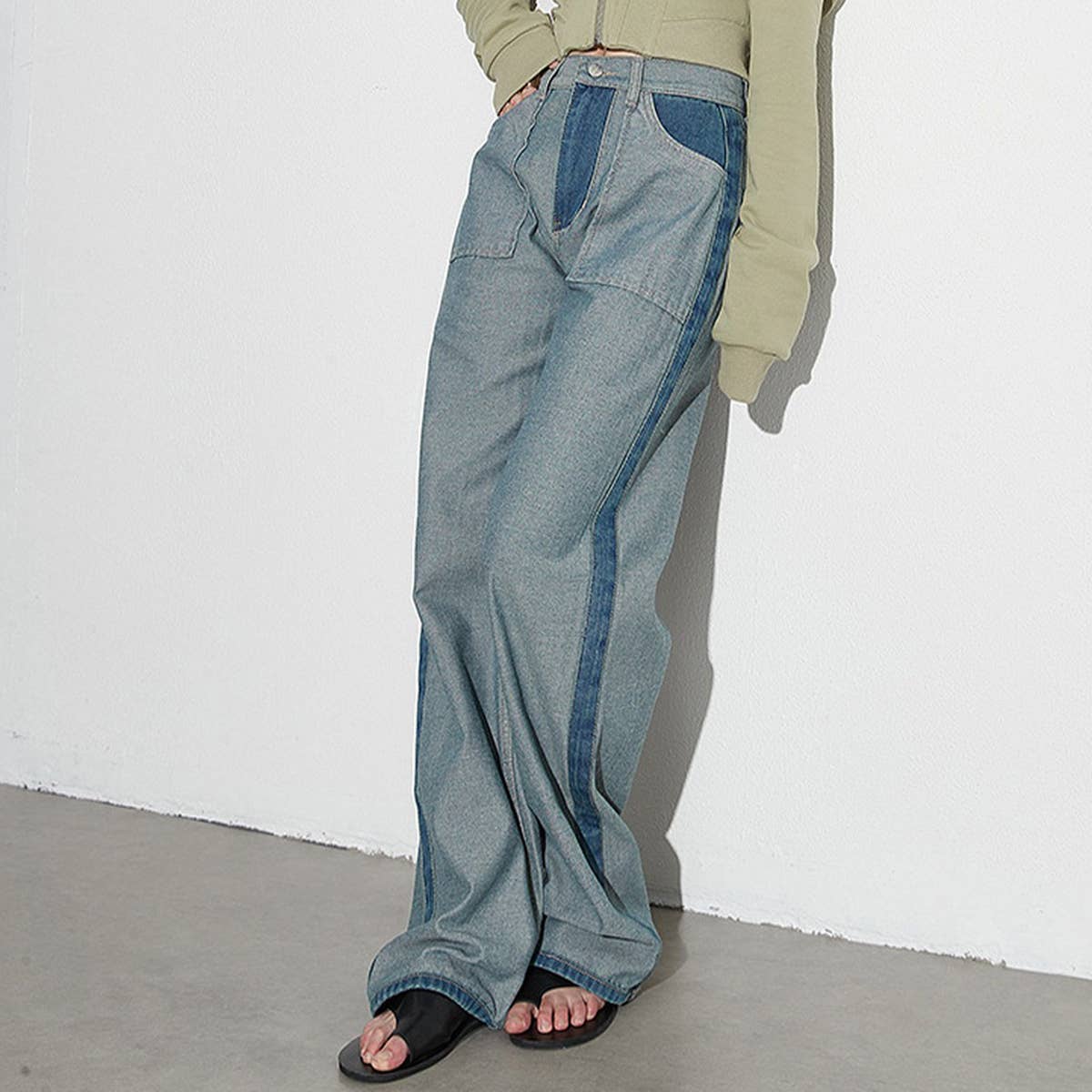 STRAIGHT LEG COLOR BLOCKING DENIM CASUAL PANTS_CWJP0202