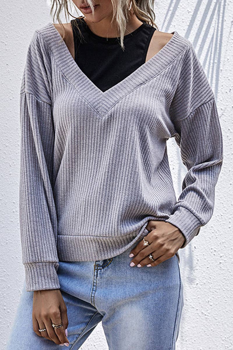 FASHION FAKE TWO PATCHWORK SOLID COLOR KNITWEAR