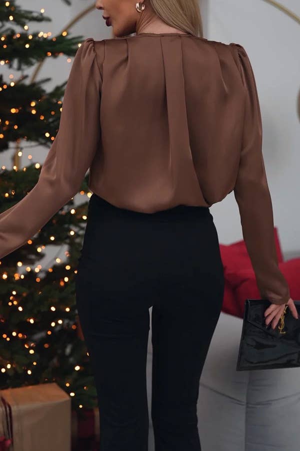 V-NECK FLORAL EMBELLISHED SATIN LONG SLEEVE SHIRT