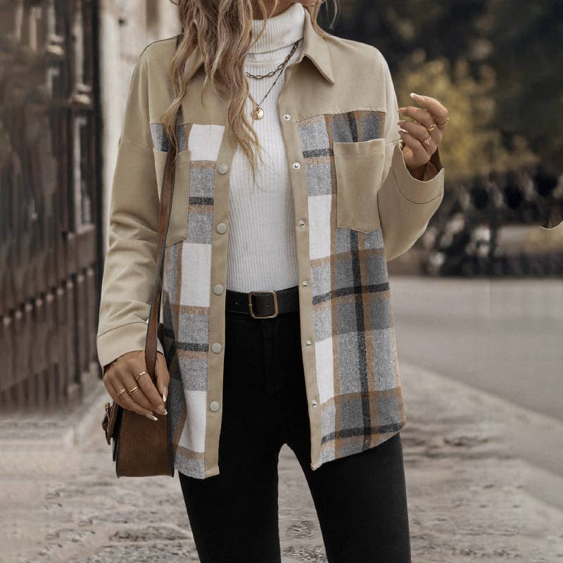 Fashionable lapel check long-sleeved shirt