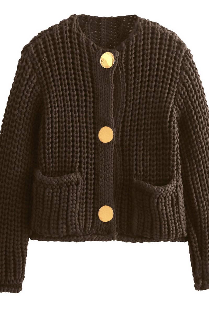 CWOCAL2046_SOLID COLOR METAL BUTTON CHUNKY KNIT CARDIGAN