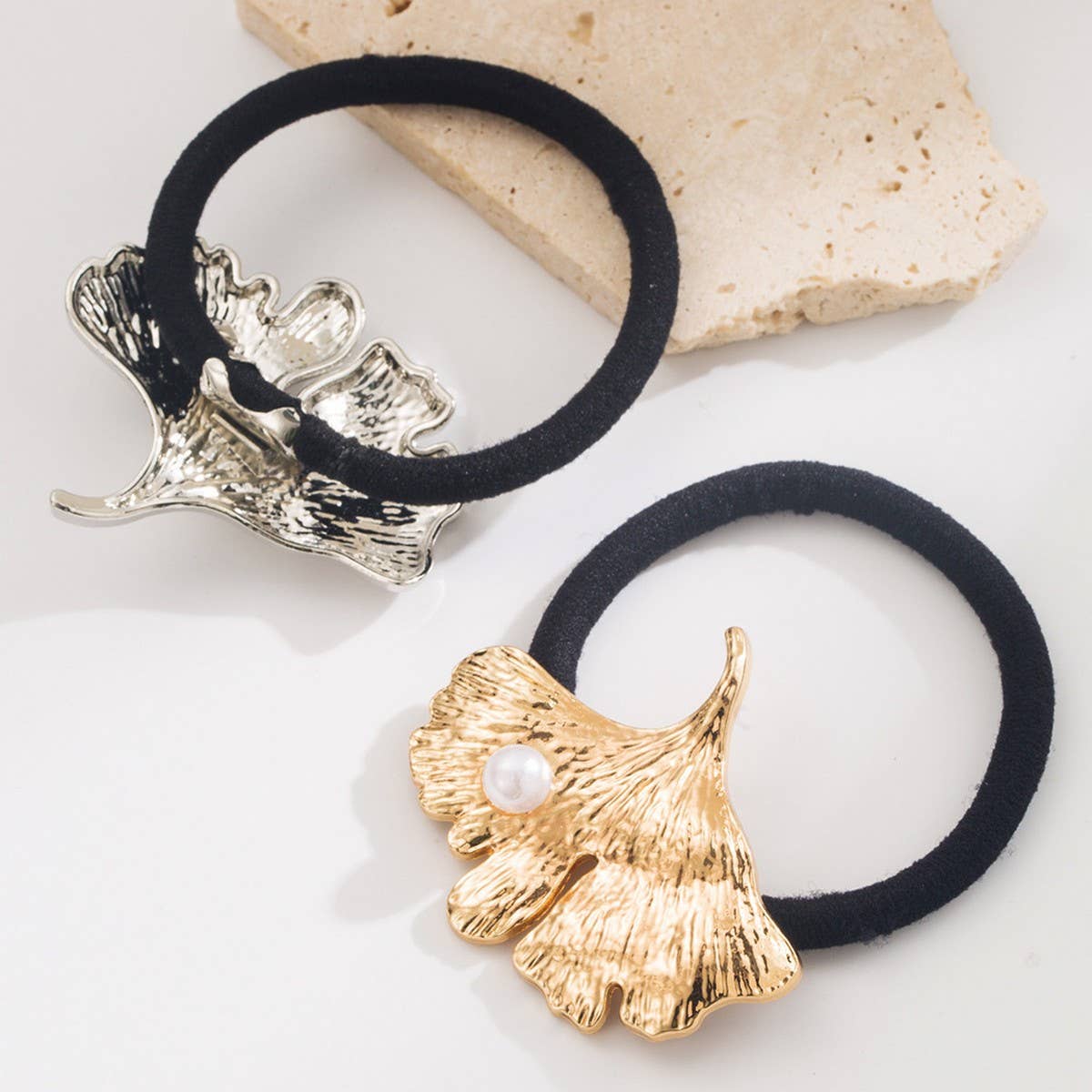 Metal Ginkgo Leaf Hair Tie with Pearl Accent