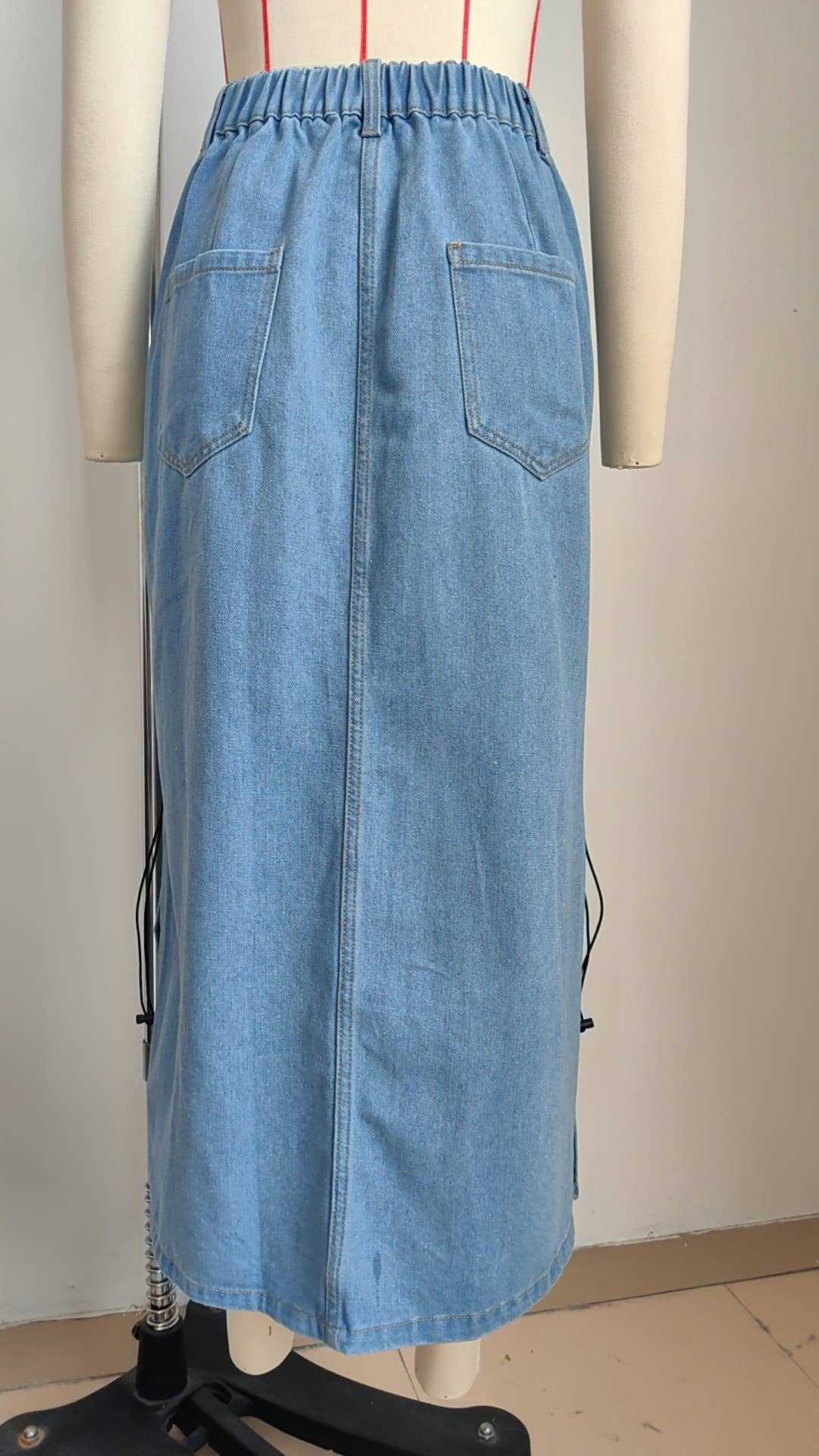 ELASTIC-WAISTED DRAWSTRING DENIM SKIRT