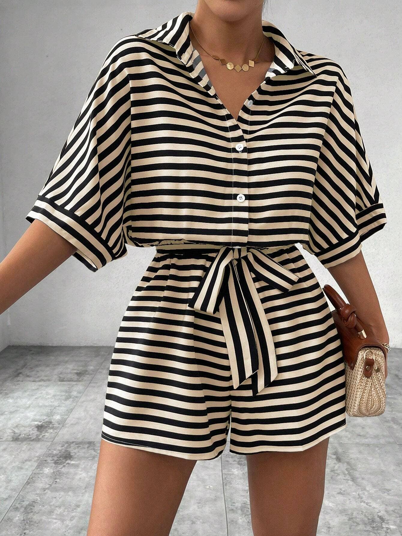 Striped lapel belted shorts short sleeved onesie