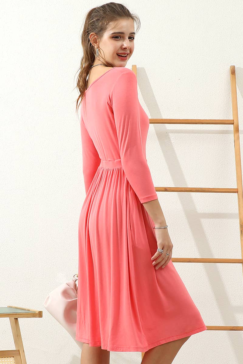 CWDMD809_U NECK A LINE WAIST BANDED SWING KNEE LENGTH DRESS