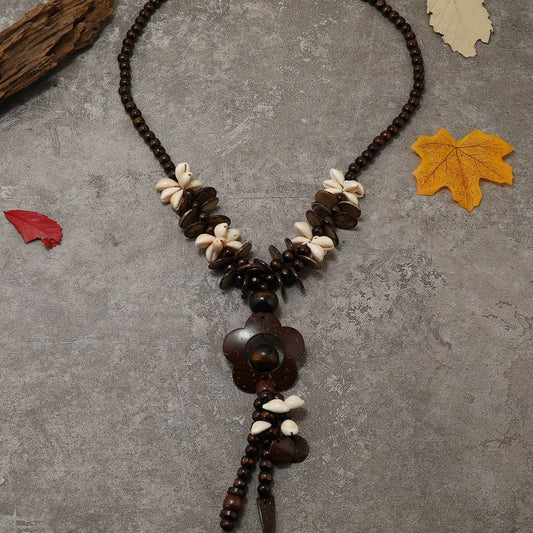 WOODEN BEADS COCONUT SHELL FLOWER HEART NECKLACE_CWMM4399