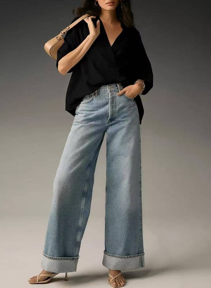 V-neck casual loose solid-color shirt