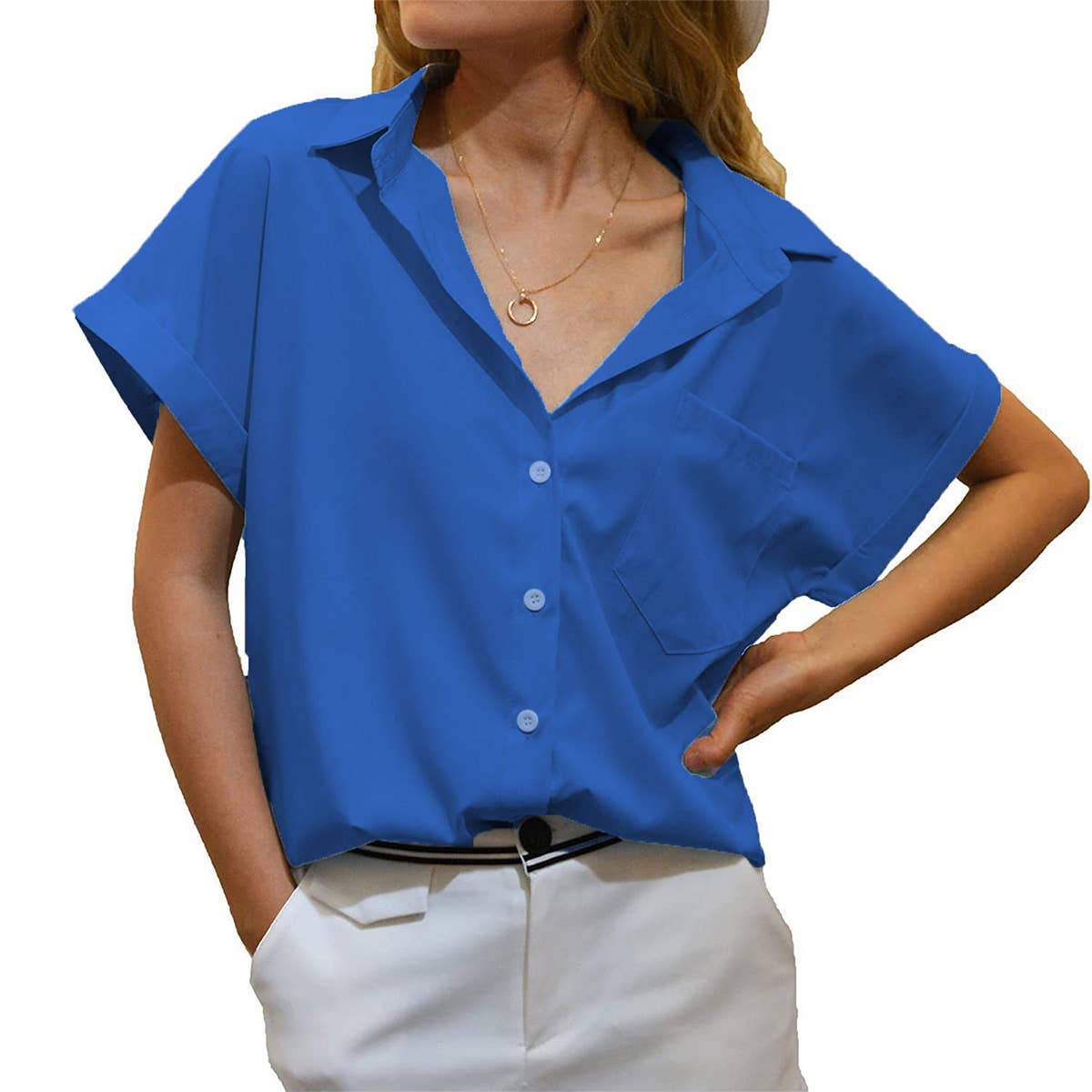 V-NECK BUTTON-DOWN SHIRT TOP